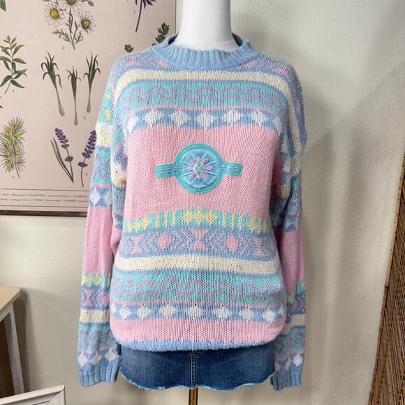 Vintage 80s 90s Pastel Fair Isle Pullover Sweater Kawaii Cutecore Retro Aztec M - Picture 1 of 7